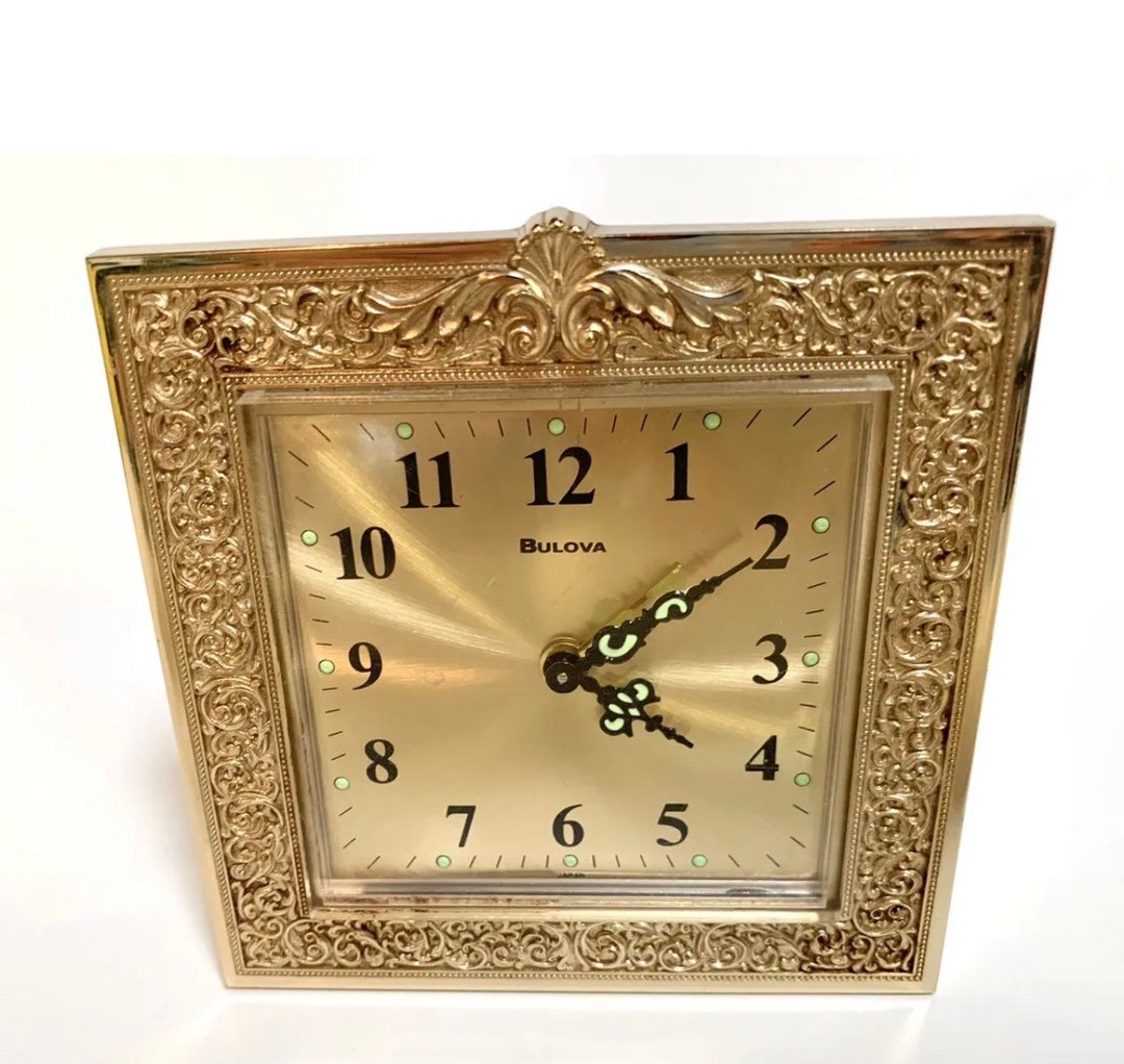Golden Bulova Windup Desk Alarm Clock Gold Scroll Frame Works Etsy