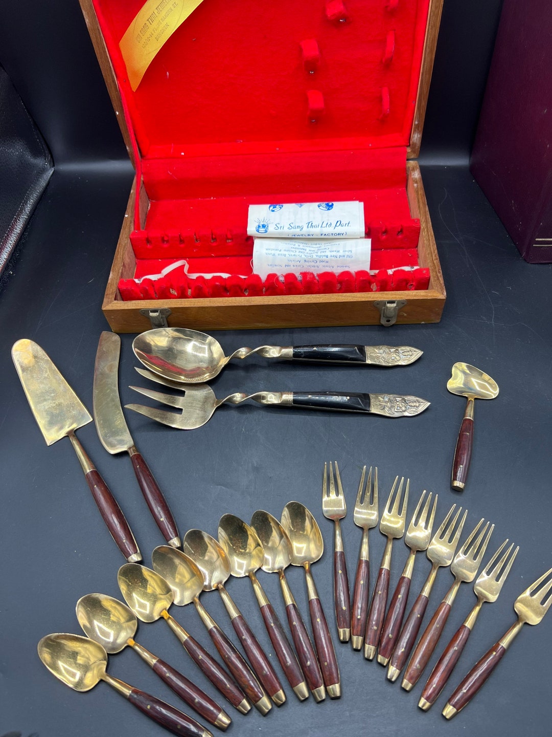21 Pieces Vintage Brass Golden Bangkok Thailand Silverware Set Serving Forks Spoons Box / Cake