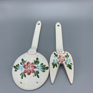 Ceramic big colander spoon and fork/ kitchen utensils hand painted/ farmhouse decor