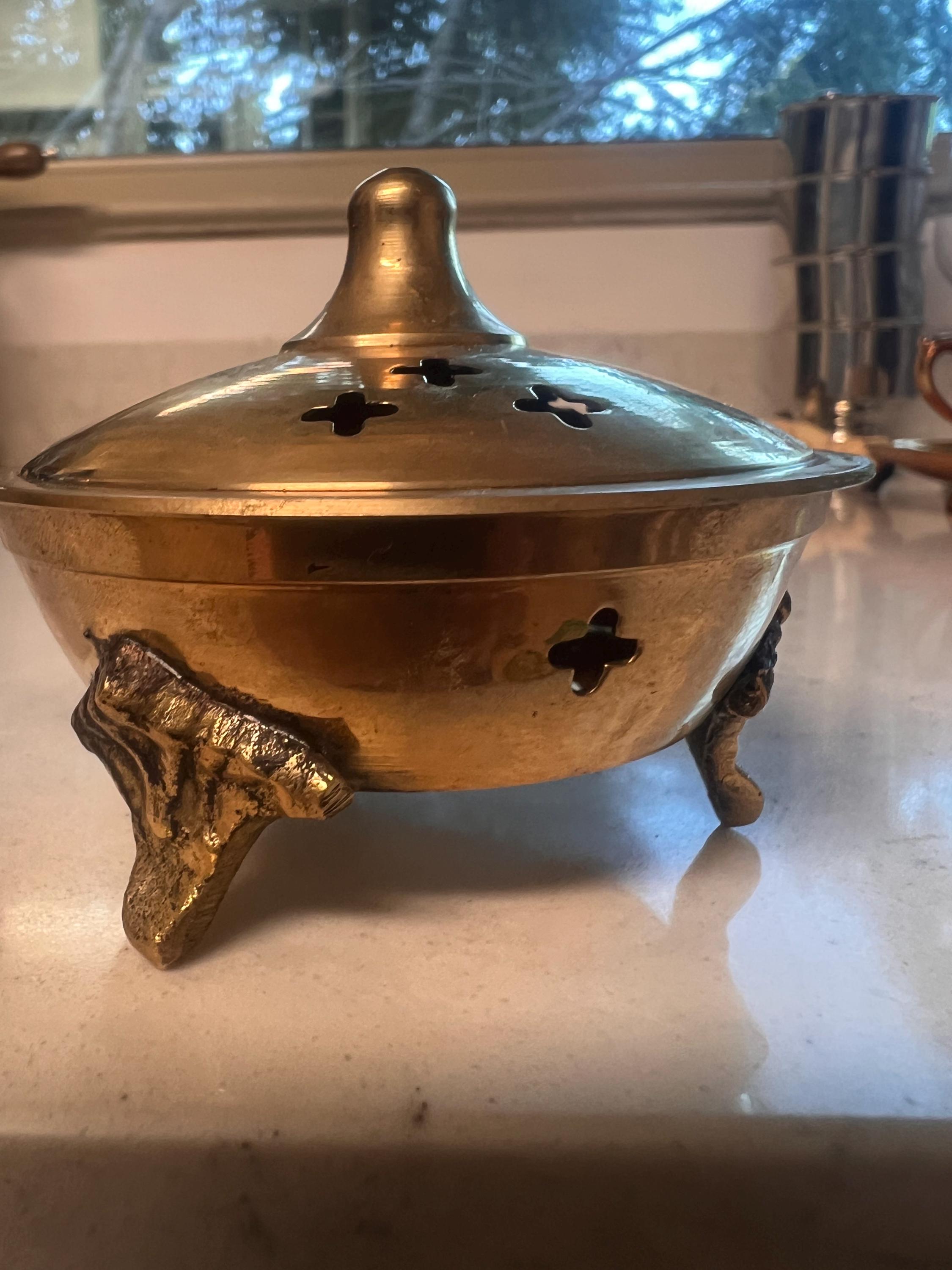 Vintage brass incense burner, also known as a thurible or censer/ religious incense burner