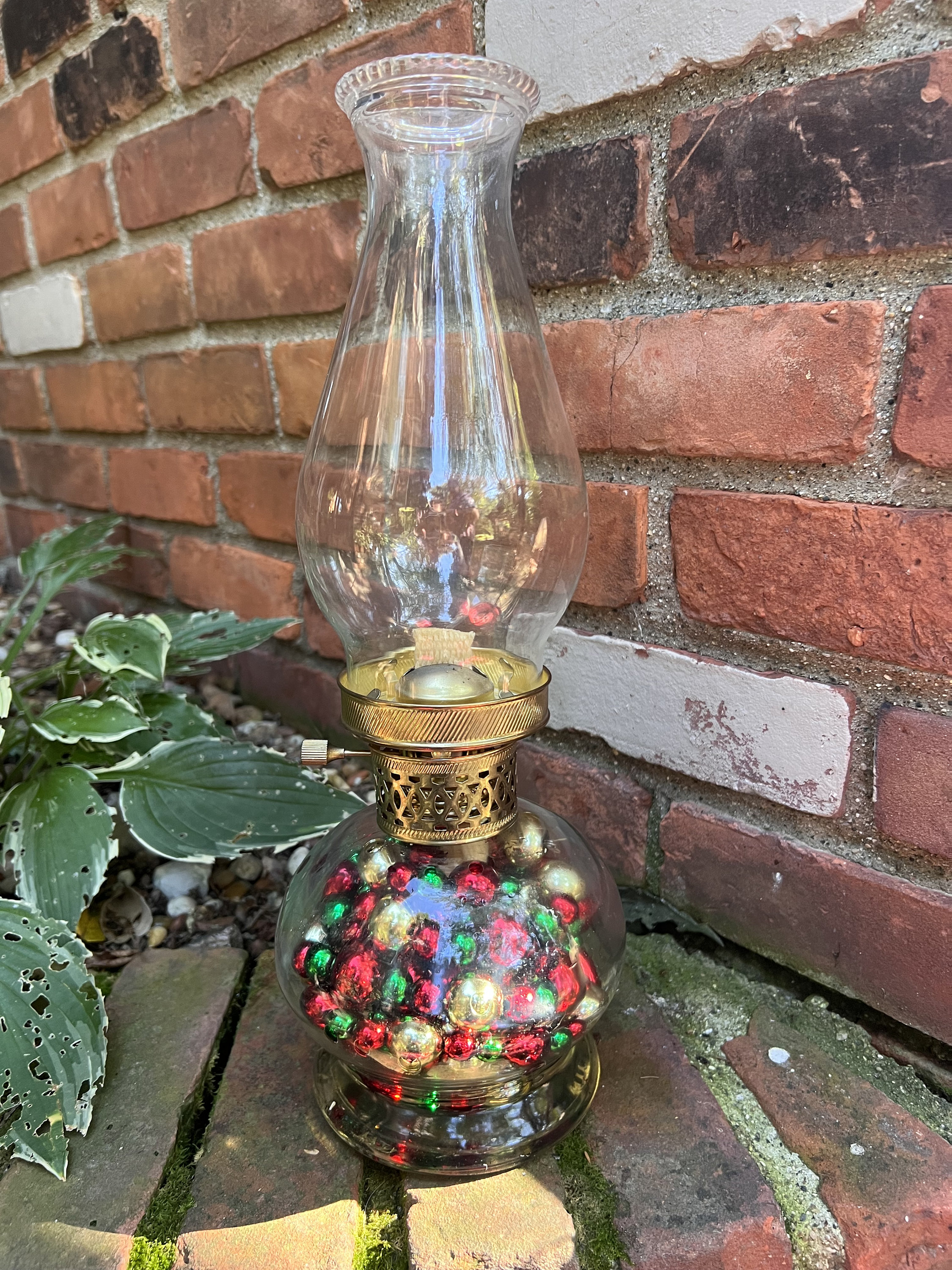 Vintage oil lamp, unique gold metal wicker/Christmas oil lamp decorated with tiny glass  globes/ kerosene lamp