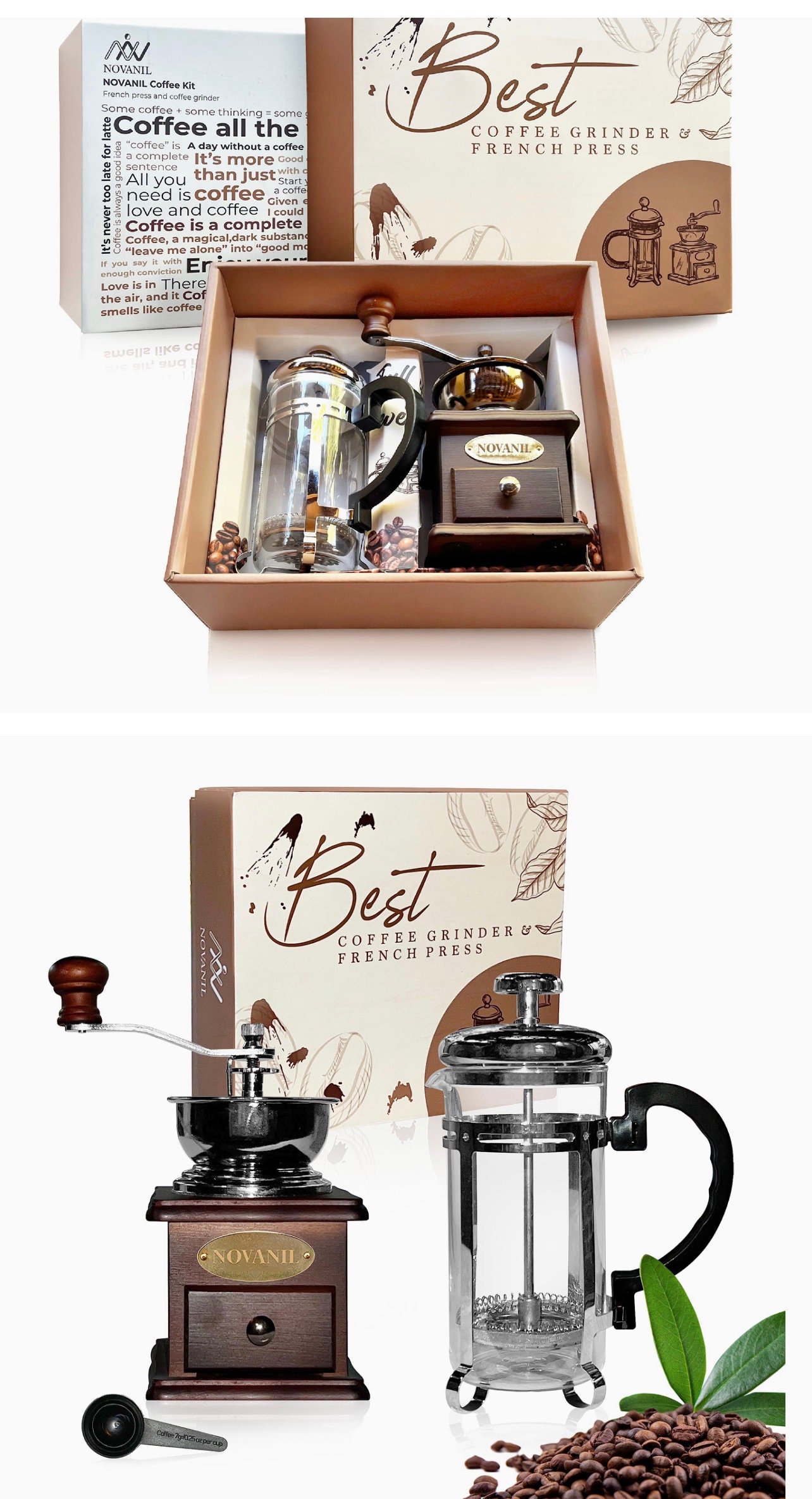 NOVANIL FRENCH COFFEE KIT, FRENCH PRESS & COFFEE GRINDER, COFFEE GIFT BOX,  COFFEE SET, ANTIQUE STYLE COFFEE KIT, WOODEN MANUAL COFFEE GRINDER