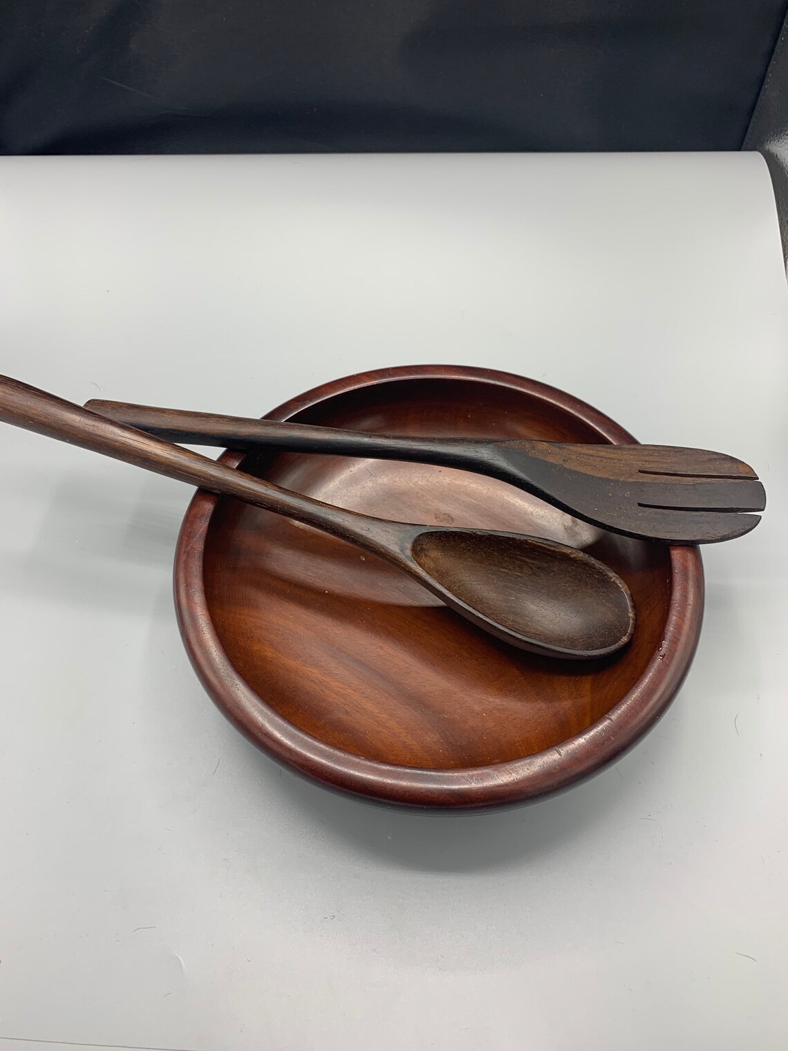 10 solid mahogany wood salad bowl with serving utensils Etsy
