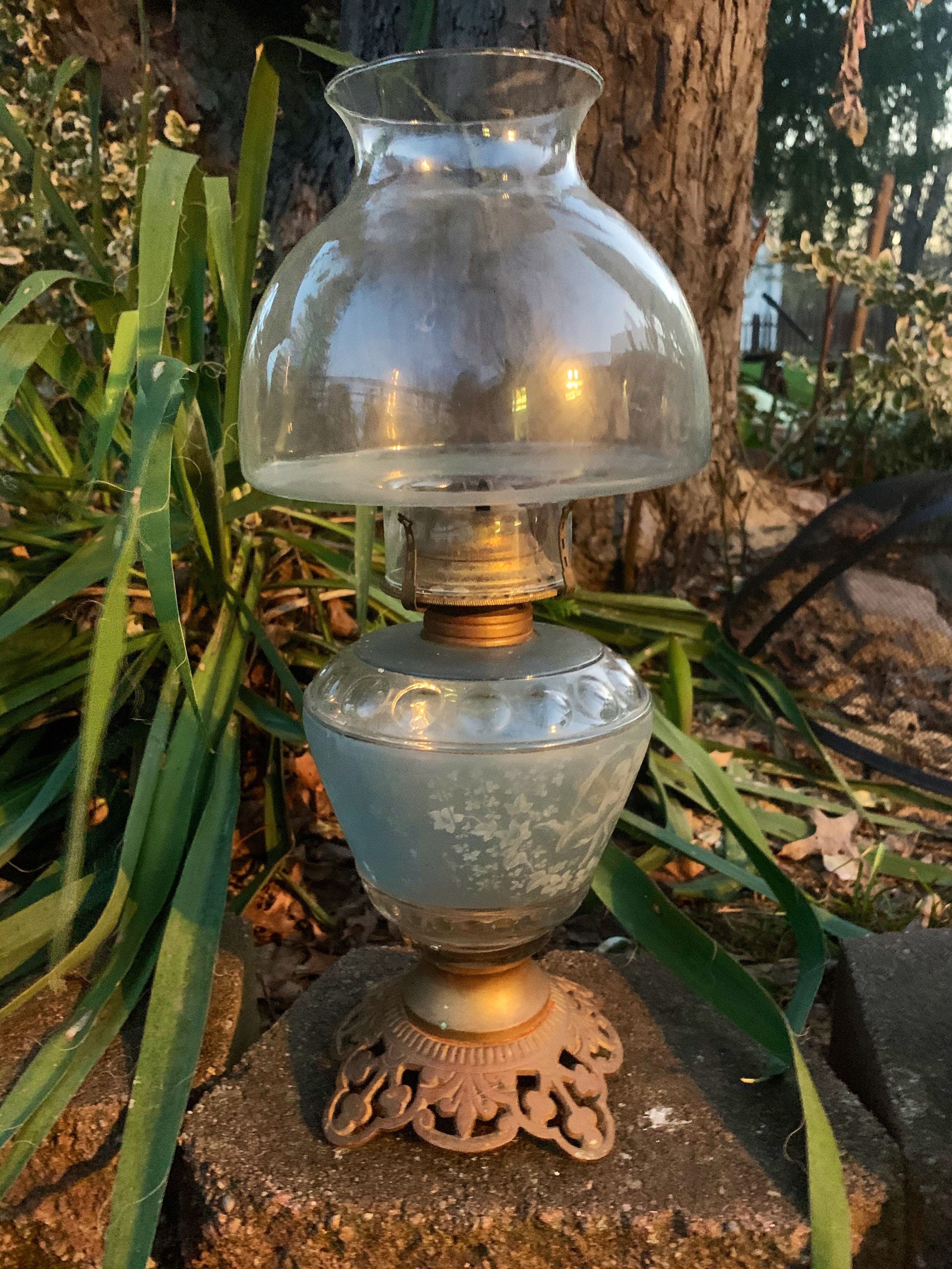 Unique Victorian Cast Iron Base Oil Lamp Blue Etched Glass Etsy
