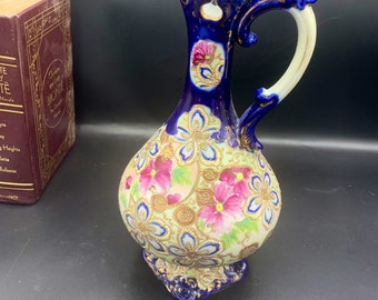 Japanese Asian Oriental Gold Gilded Satsuma cobalt blue Porcelain Antique pitcher Vase