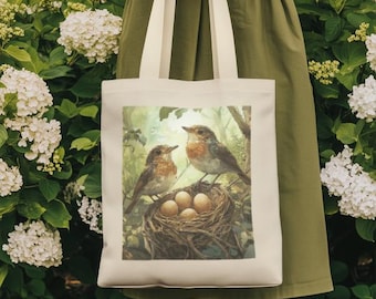 Nature-Inspired birds in Nest Cotton Canvas Tote Bag | Eco-Friendly, Reusable, Bird Design, Grocery Bag, Gift Idea