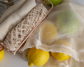 Organic Cotton Produce Bag | Set of 3 | Reusable Bulk Bag | Handmade Market Bag | Undyed Mesh | Minimalist Kitchen | Zero Waste Home Living