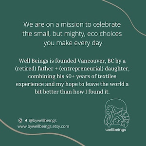 May include: A green background with white text that reads "We are on a mission to celebrate the small, but mighty, eco choices you make every day. Well Beings is founded Vancouver, BC by a (retired) father + (entrepreneurial) daughter, combining his 40+ years of textiles experience and my hope to leave the world a bit better than how I found it." Below the text is a white outline of a person holding a plant with the text "wellbeings" below it. The text "f @bywellbeings" and "www.bywellbeings.etsy.com" are below the image.