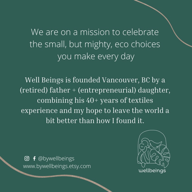 May include: A green background with white text that reads "We are on a mission to celebrate the small, but mighty, eco choices you make every day. Well Beings is founded Vancouver, BC by a (retired) father + (entrepreneurial) daughter, combining his 40+ years of textiles experience and my hope to leave the world a bit better than how I found it." Below the text is a white outline of a person holding a plant with the text "wellbeings" below it. The text "f @bywellbeings" and "www.bywellbeings.etsy.com" are below the image.