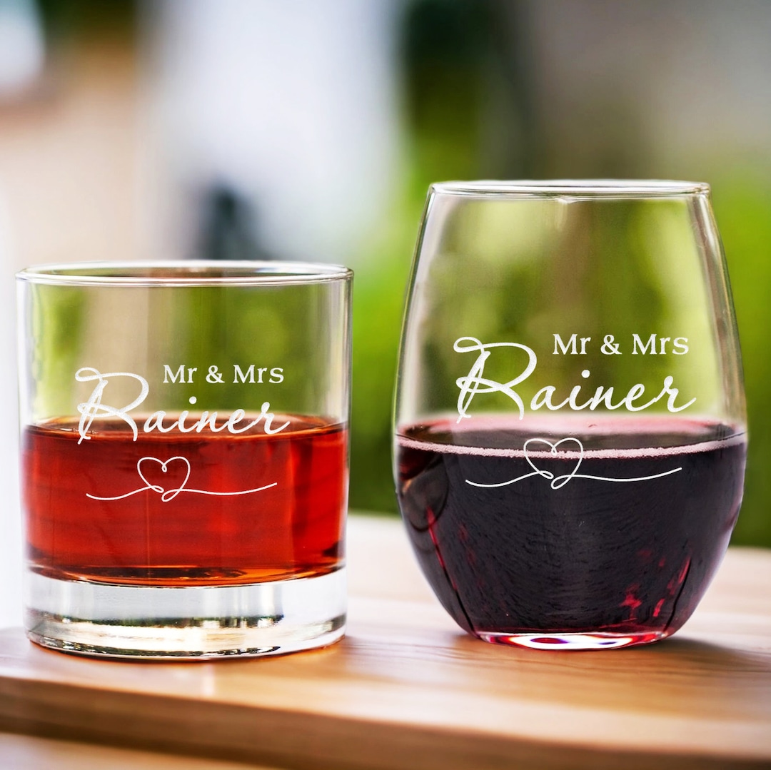Custom Wine and Whiskey Glass Gift Set - Personalized Engraved Bride ...