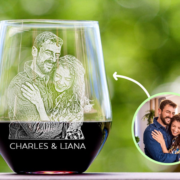 Personalized Valentines Day Wine Glass - Custom Couple Name on Barware, Engraved Photo Gifts for Girlfriend