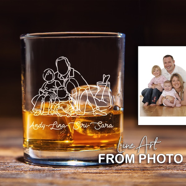 Custom Line Drawing Family, Personalized Engraved Whiskey Glass, Turn Your Photo On Rock Glass, Gifts For Him, Custom Family Portrait