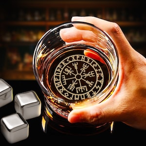 Engraved Viking Runes Whiskey Glass - Norse Mythology Compass Gift for Him