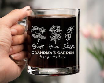 Custom Grandma's Garden Coffee Glass Mug - Birth Month Flower Mug with Kids Names Gifts for Mom, Christmas Gifts from Kids