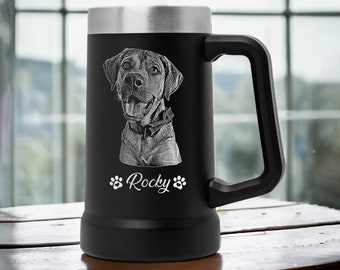 Custom Father's Day Gifts for Dog Dad  - Personalized Photo Engraved on 24 oz Beer Stein, Vacuum Insulated Double Walls