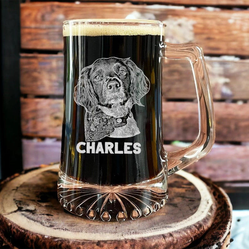 Custom Pet Memorial Photo Rock Glass - Engraved Dog Picture Whiskey Glass Beer Glass w/ Handle
