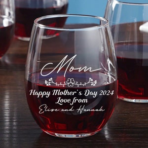 Personalized Mother&#39;s Day Wine Glass Gift | Engraved Wine Glass For Mom | Custom Kids Names on Barware | Mother&#39;s Day Gifts for Her