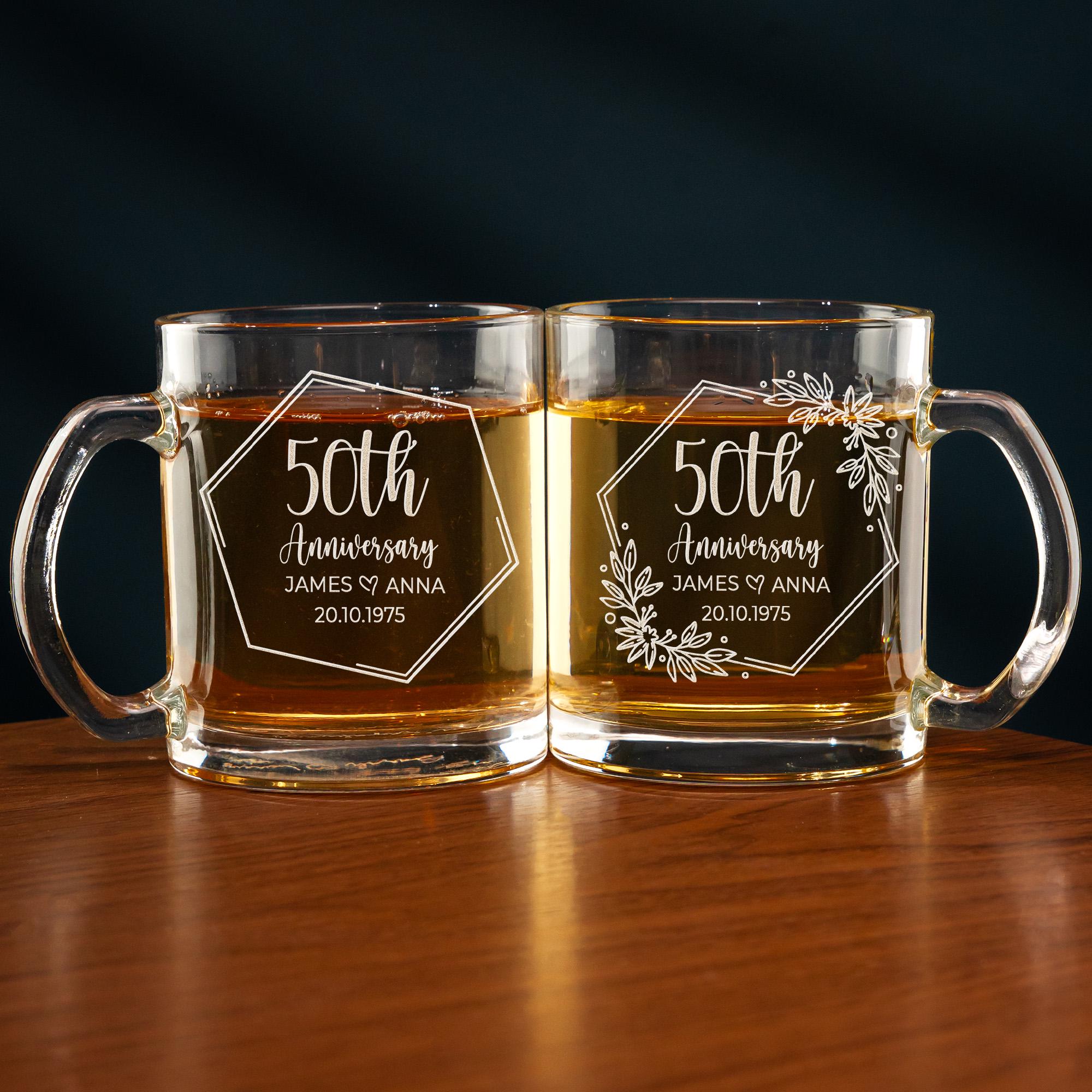 Custom Coffee Glass Set Anniversary Gift - Personalized Wedding Glass for Couple, 50th Year of Married Glass Gift for Parents