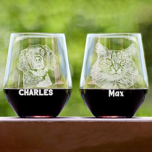 Custom Pet Portrait Stemless Wine Glass - Personalized Christmas Gift for Dog Owner