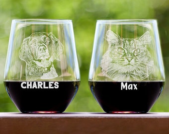 Custom Pet Portrait Stemless Wine Glass - Personalized Christmas Gift for Dog Owner