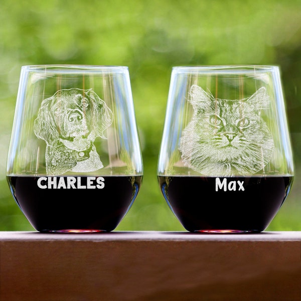 Custom Pet Portrait Stemless Wine Glass - Personalized Christmas Gift for Dog Owner