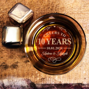 Custom Wedding Anniversary Gifts for Him - Personalized Cheers to 10 Years Whiskey Glass, Christmas Gifts for Husband