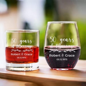 Etched 50 Year Anniversary Glass Set - Personalized Wedding Keepsake for Couple, 11oz Whiskey Glass, 15oz Stemless Wine Glass
