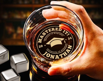 Custom Grad Gifts for Masters Degree - Personalized Whiskey Glass with University Name