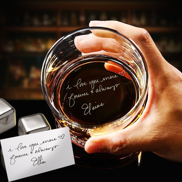 Custom Secret Message Whiskey Glass - Engrave Your Handwriting on Bottom Rock Glass, 11 oz. Heavy Base, Made in the USA