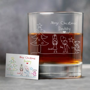 Custom Christmas Gifts for Dad from Kids - Etch Your Kid's Drawing on Whiskey Glass