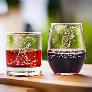 Carved Initials In A Heart Tree Wedding Gift, Custom His and Hers Glass Set Engagement Gift, Initials Whiskey and Wine Glass Gift for Couple