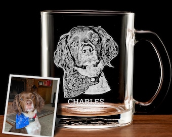 Custom Pet Photo Gift Coffee Glass Mug - Personalized Christmas Presents for Dog Lovers, 12 oz, Laser Engraved