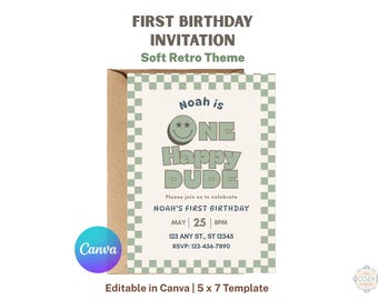 One Happy Dude Invitation, Soft Retro First Birthday Invite, Sage Checkerboard Template