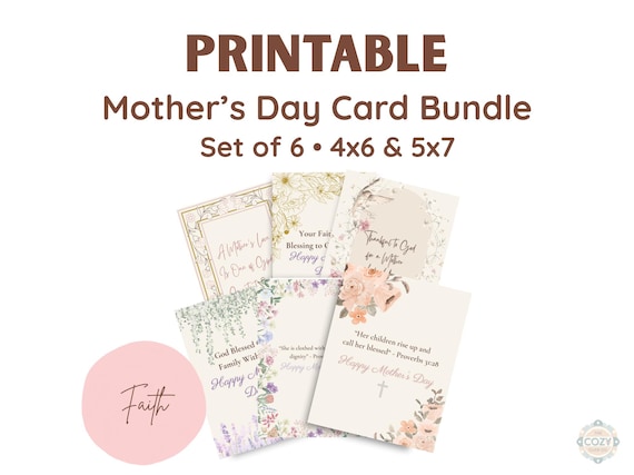 Christian Mother’s Day Card Bundle, Printable Bible Verse Greeting Cards Set of 6