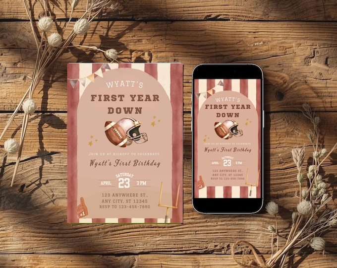 Featured listing image: First Year Down Birthday Invitation, Retro Football First Birthday Editable Canva Template