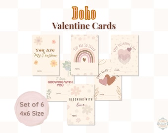 Boho Valentine Cards Printable Bundle, 6 Unique Designs, 4x6 Instant Download