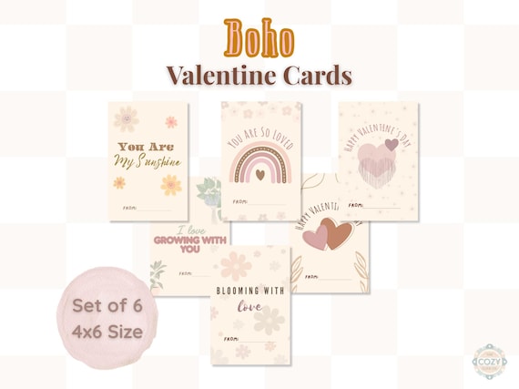 Boho Valentine Cards Printable Bundle, 6 Unique Designs, 4x6 Instant Download