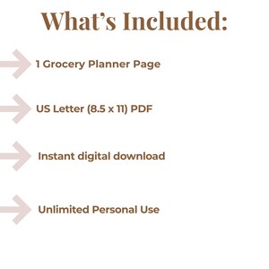 Puede incluir: Imagen digital con el texto "What's Included:" y detalles. Incluye una p&aacute;gina de planificador de compras, un PDF US Letter (21,6 x 27,9 cm), descarga digital instant&aacute;nea y uso personal ilimitado.