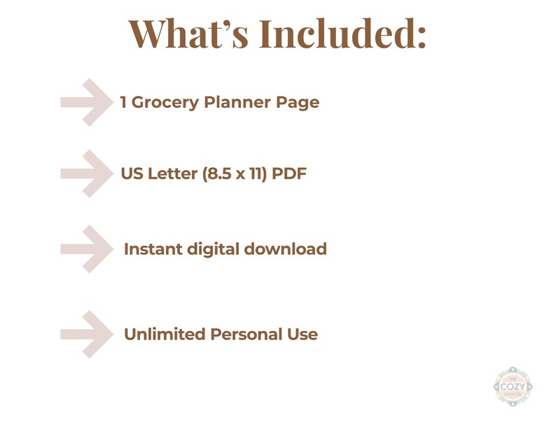 Puede incluir: Imagen digital con el texto "What's Included:" y detalles. Incluye una p&aacute;gina de planificador de compras, un PDF US Letter (21,6 x 27,9 cm), descarga digital instant&aacute;nea y uso personal ilimitado.