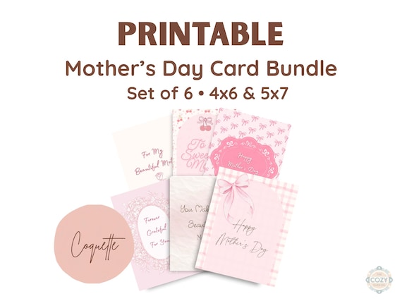 Coquette Mother’s Day Card Bundle Printable, Pink Bow Mom Cards, Vintage Floral Designs