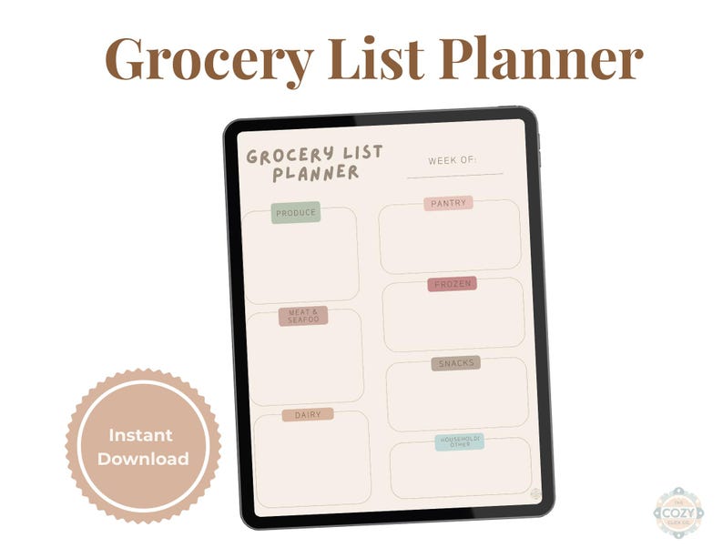 Minimal grocery list planner printable with categorized sections for produce, pantry, frozen foods, and household items in a cozy neutral layout