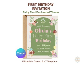 Fairy First Birthday Invitation Template, Enchanted Garden Theme (Digital Download)