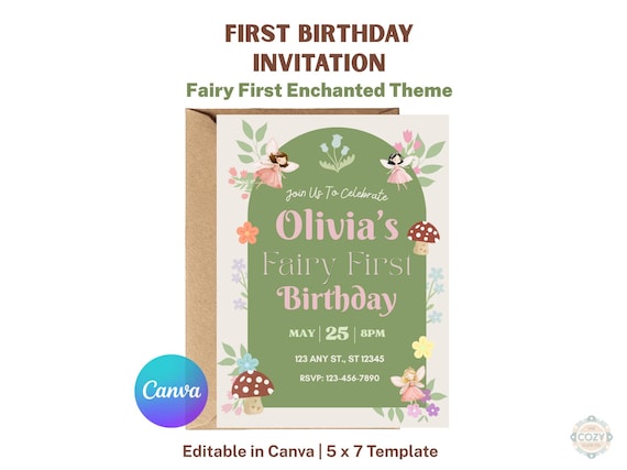 Fairy First Birthday Invitation Template, Enchanted Garden Theme (Digital Download)