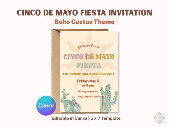 Cinco de Mayo Fiesta Invitation Template, Boho Cactus Mexican Party Canva Invite