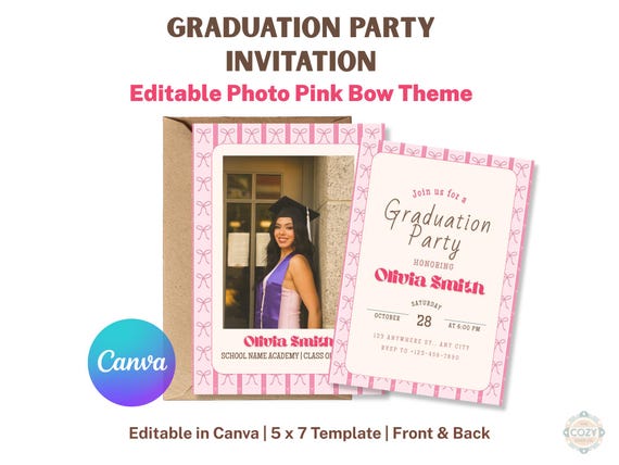 Pink Bow Graduation Invitation Template, Editable Photo Coquette Grad Invite (5x7)