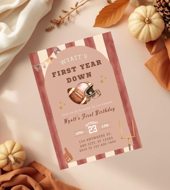 First Year Down Football Birthday Invitation, Retro First Birthday Invite, Editable Template