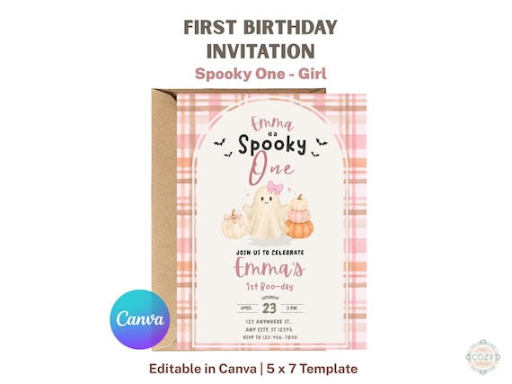 Pink Spooky One First Birthday Invitation, Editable 5x7 Canva Halloween Ghost Invite for Girl