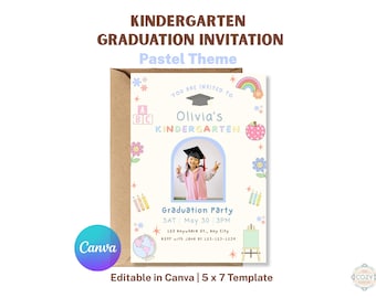 Kindergarten Graduation Invitation Editable Template Pastel Photo Canva 5x7 Invite