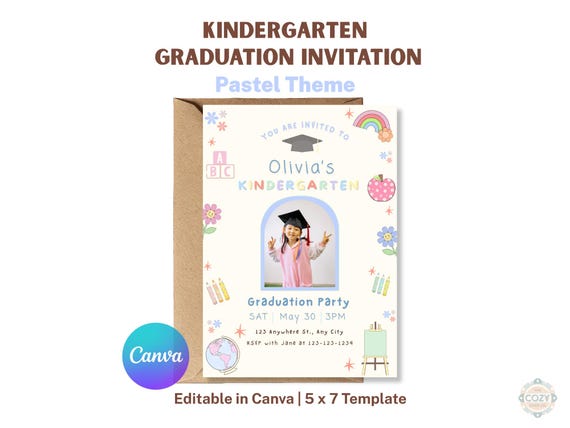 Kindergarten Graduation Invitation Editable Template Pastel Photo Canva 5x7 Invite