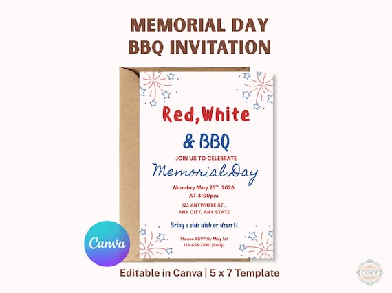 Memorial Day BBQ Invitation Template, Editable Red White Blue Patriotic Party Invite